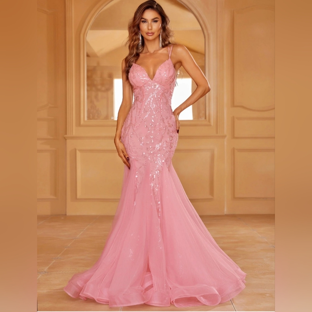 Pink Sequin Mermaid Evening Dress